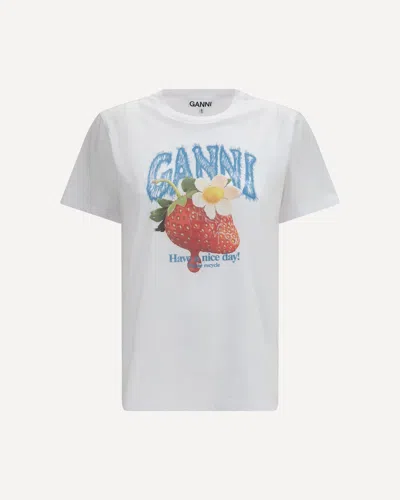 Ganni Womens Bright White Jersey Strawberry Printed Round-neck Cotton-jersey T-shirt In Multi