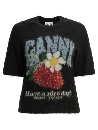 Ganni "strawberry" Crew Neck Sweater In Black