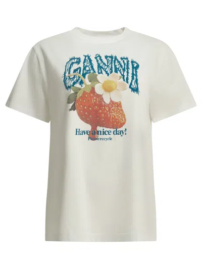 Ganni Womens Bright White Jersey Strawberry Printed Round-neck Cotton-jersey T-shirt In Multi