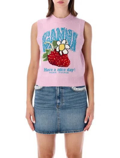 Ganni Strawberry Graphic Knit Vest In Rosa