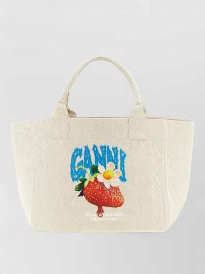 Ganni Strawberry Motif Medium Tote Bag Top Handles In Neutral