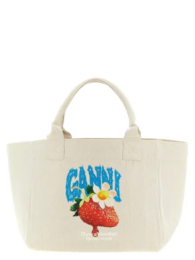 Ganni Strawberry-graphic Canvas Shoulder Bag In Neutral