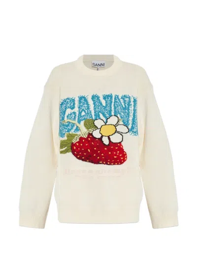 Ganni Strawberry-intarsia Knitted Sweater In Neutral