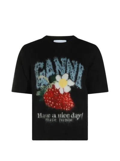 Ganni Alpaca Blend Sweater Short Sleeves Crew Neck In Black