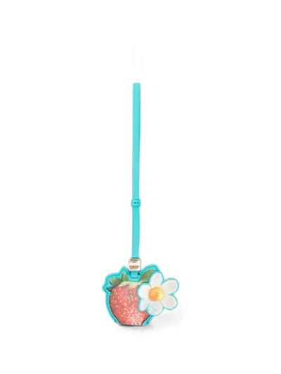 Ganni Strawberry-motif Flower-detail Keyring In Blue