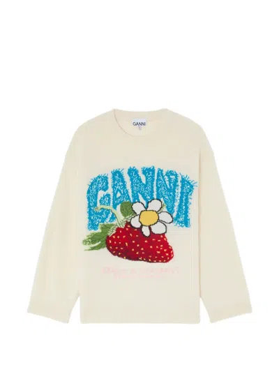 Ganni Strawberry-motif Intarsia-knit Sweater In Neutral