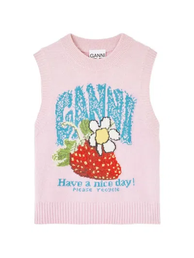 Ganni Strawberry-motif Intarsia-knit Vest In Pink