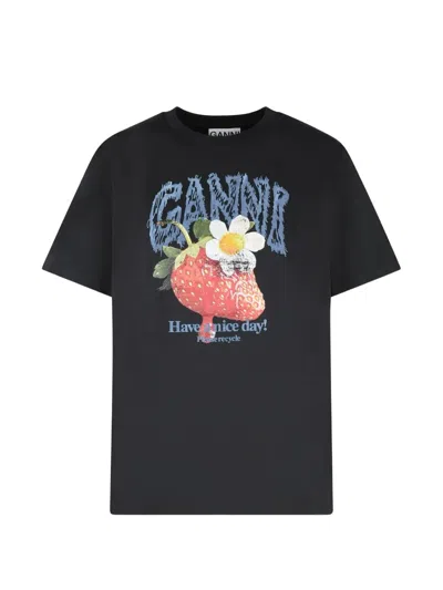 Ganni Regulated Fit T-shirt With Unique Stamp Design In Black