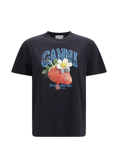 Ganni Strawberry-print Cotton T-shirt In Black