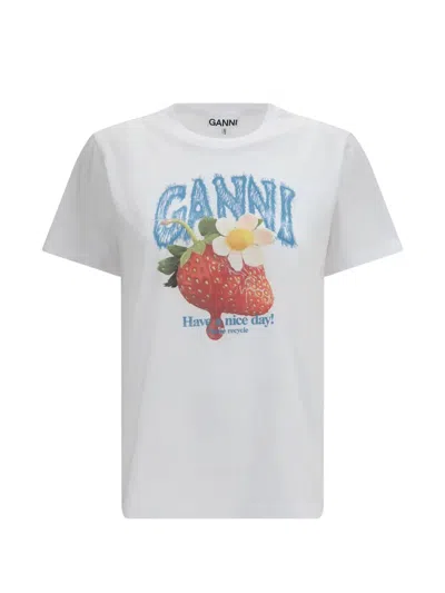Ganni Womens Bright White Jersey Strawberry Printed Round-neck Cotton-jersey T-shirt In Multi