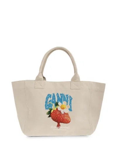 Ganni Strawberry-print Logo-embroidered Tote Bag In Neutral