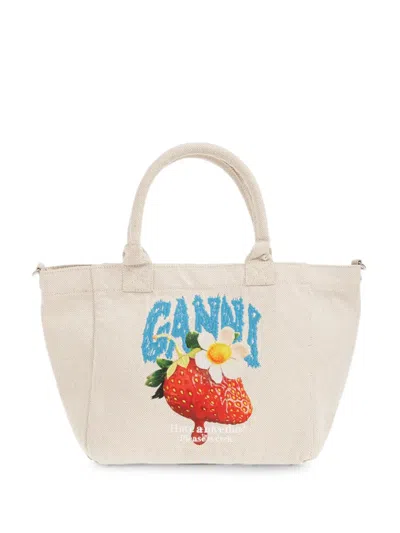 Ganni Strawberry-print Logo-embroidered Tote Bag In Metallic