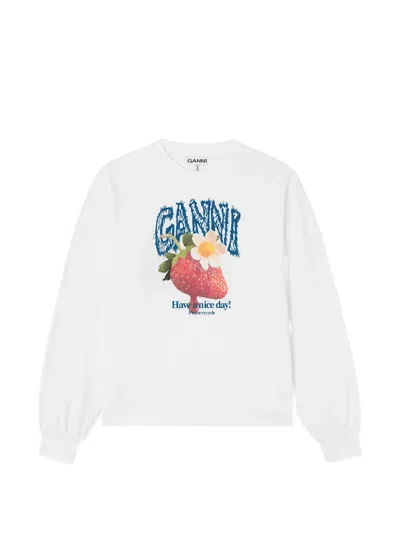 Ganni Strawberry Graphic Long-sleeve T-shirt In White