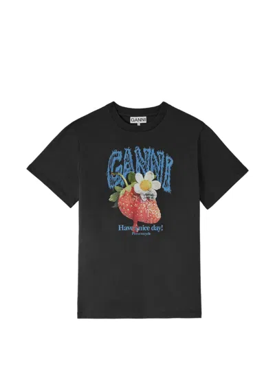 Ganni Strawberry-print Cotton T-shirt In Black