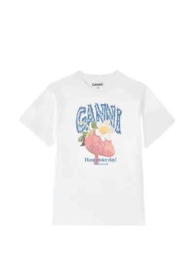 Ganni Womens Bright White Jersey Strawberry Printed Round-neck Cotton-jersey T-shirt In Multi