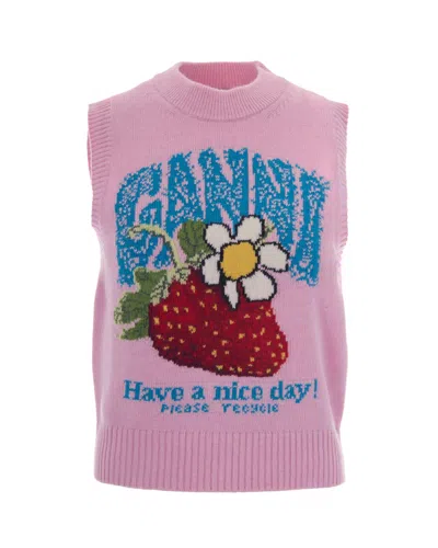 Ganni Strawberry-print Wool Tank Top In Pink