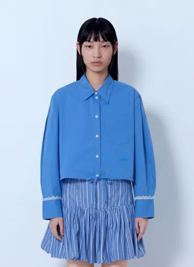 Ganni Stretch Cotton Cropped Bowling Shirt In Blue