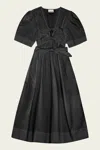 Ganni Womens Black V-neck Gathered Cotton Midi Dress
