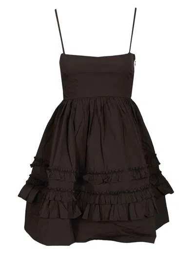 Ganni Stretch Cotton Mini Strap Dress W. Frills Dresses Black In Brown