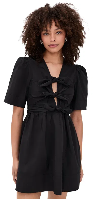 Ganni Tie-waist Stretch-cotton A-line Minidress In Black