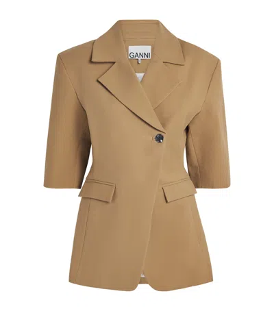 Ganni Stretch-cotton Single-button Blazer In Sand