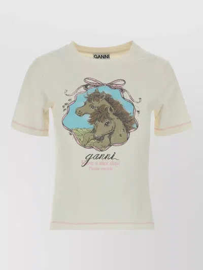 Ganni Stretch Cotton T Shirt Graphic Crew Neck In Neutral
