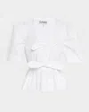 Ganni Poplin Front-tie Peplum Blouse With Puffed-sleeves In Bright White