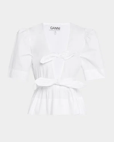 GANNI STRETCH COTTON TIE-FRONT BLOUSE