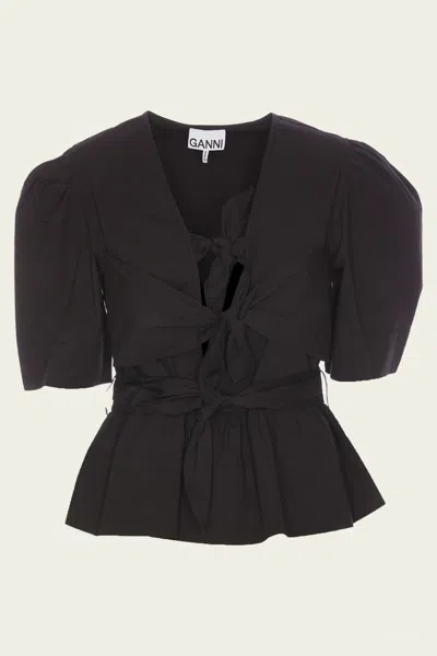 GANNI STRETCH COTTON TIE STRAP BLOUSE IN BLACK