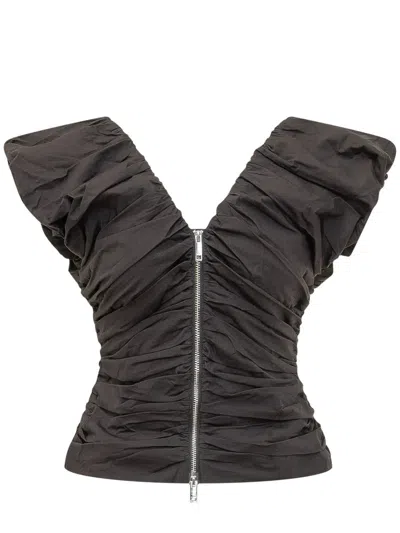 Ganni Ruched Top Featuring Puff Sleeves V Neckline In Black