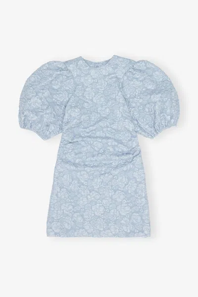 Ganni Stretch Jacquard Puff Sleeves Mini Dress - Size 42 Blue