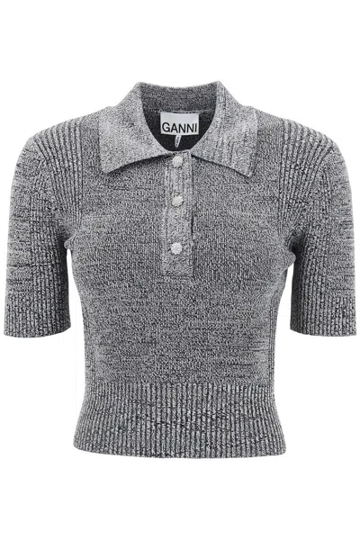 Ganni Stretch Knit Polo Top With Jewel Buttons In Grey