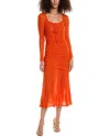 Ganni Textured Ruched Jersey Midi Dress In Orange