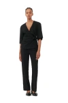 Ganni Stretch Seersucker Cropped Trousers In Black
