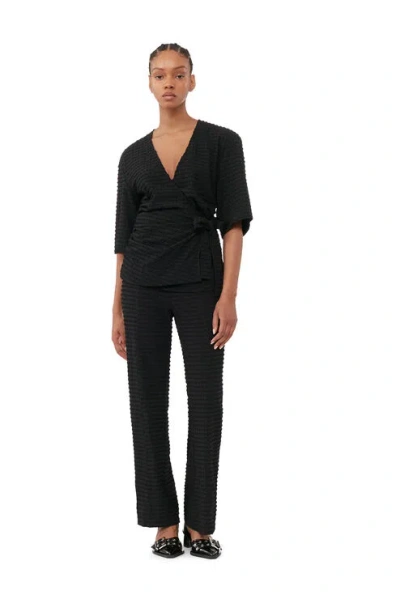 Ganni Stretch Seersucker Cropped Trousers In Black