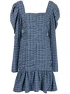 Ganni Ruched Checked Stretch Recycled-seersucker Mini Dress