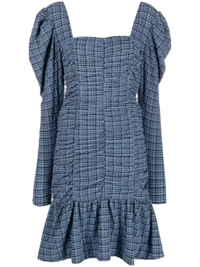 GANNI GANNI STRETCH SEERSUCKER GATHERED MINI DRESS