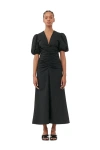 Ganni Short Sleeve Stretch Stripe Gathered Long Dress In Black