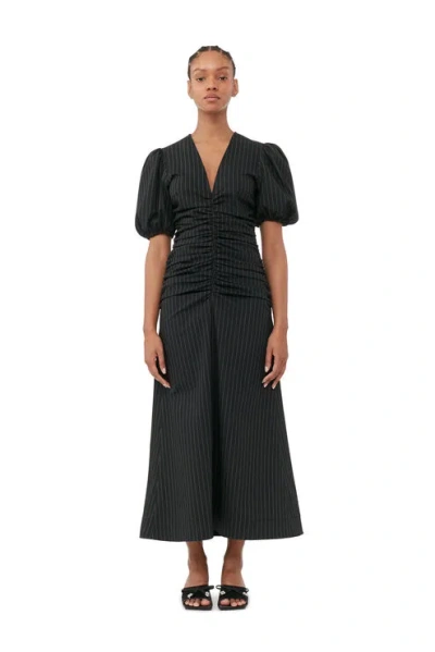 Ganni Short Sleeve Stretch Stripe Gathered Long Dress In Black