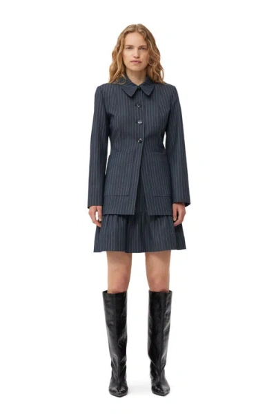 Ganni Stretch Striped Blazer In Grey Pinstripe