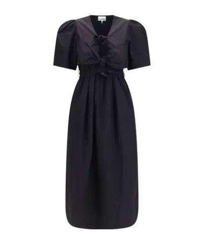 Ganni Belted Bow-embellished Stretch-cotton Poplin Midi Dress In Black