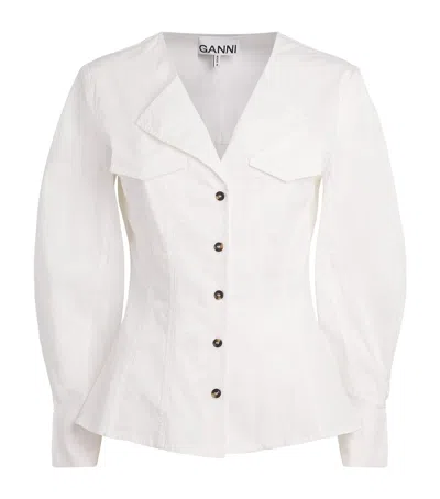 Ganni Stretch-cotton V-neck Shirt In White