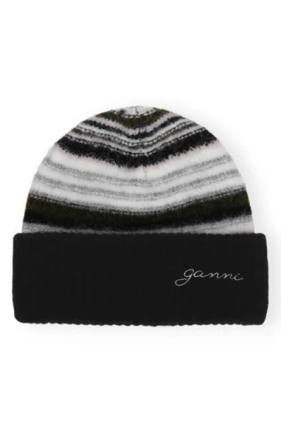 Ganni Striped Soft Wool Beanie In Black