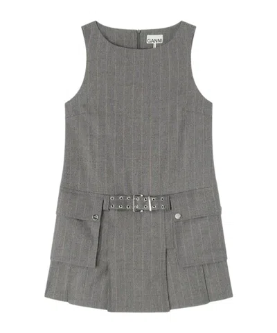 Ganni Stripe Belted Wool Blend Mini Dress In Gray