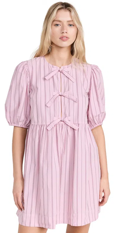 Ganni Stripe Cotton Mini Bow Tie Dress Lilac Sachet In Multi