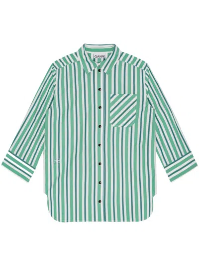 Ganni Stripe Organic Cotton Button-up Shirt In Green