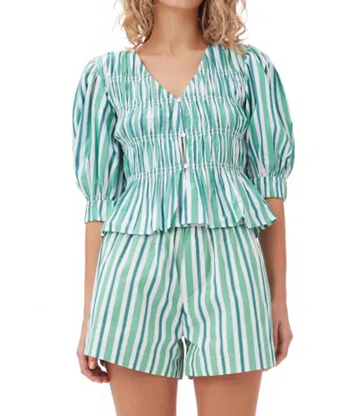 Ganni Stripe Cotton V-neck Blouse In Creme De Menthe In Blue