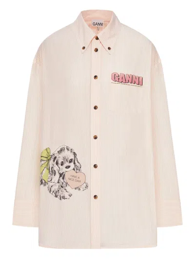 Ganni Stripe Cotton Oversized Shirt In Neutral