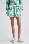Ganni Stripe Elastic Waist Organic Cotton Shorts In Creme De Menthe