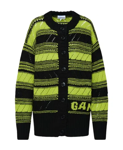 Ganni Stripe-pattern Knitted Cardigan In Black